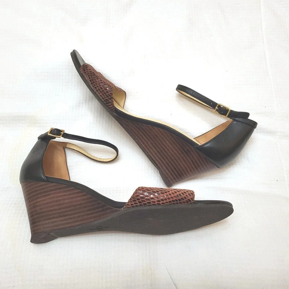 Cole Haan Rosalin Brown Snakeskin Black Ankle Strap Leather Wedge Sandal 8B